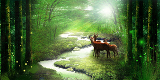绿色梦幻森林麋鹿春天梦幻森林展板背景